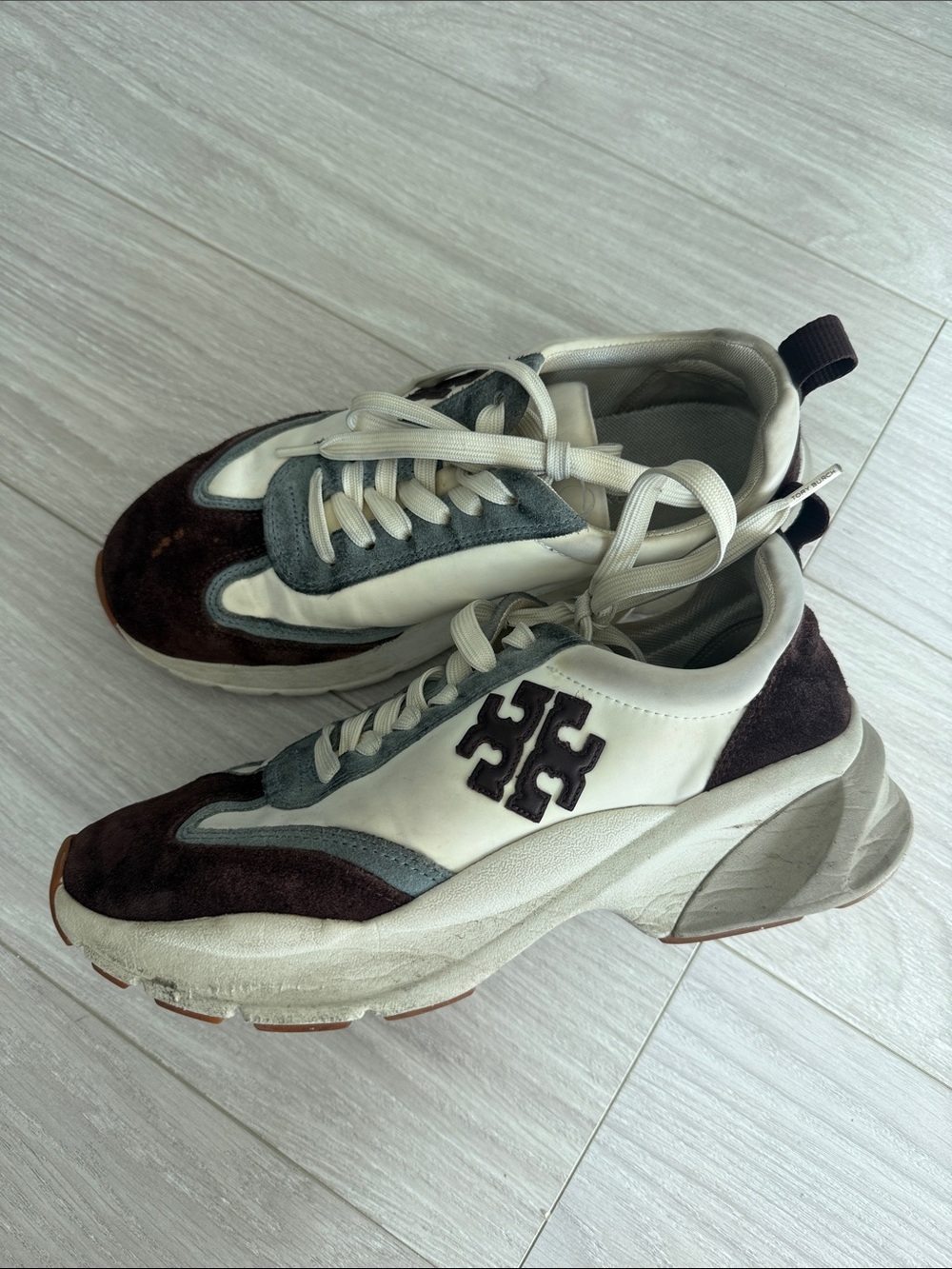 Tory Burch Good Luck Trainer White Leather & Brown Suede Chunky Sneaker